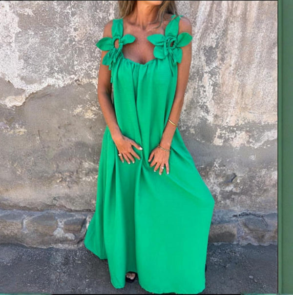 💕Einfarbiges Kleid für Frauen mit Blumenmuster und U-Ausschnitt.