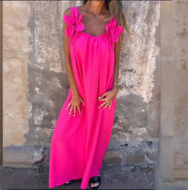 💕Einfarbiges Kleid für Frauen mit Blumenmuster und U-Ausschnitt.